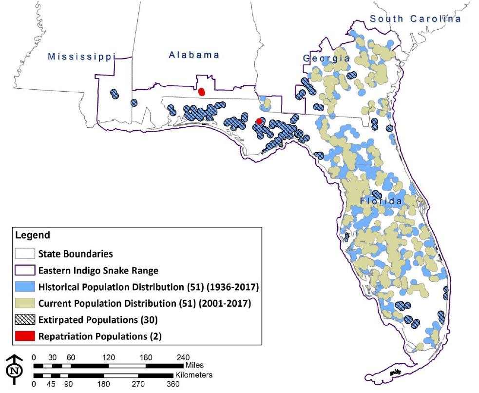 The current distribution of *Drymarchon couperi*, figure from the USFW SSA for EIS